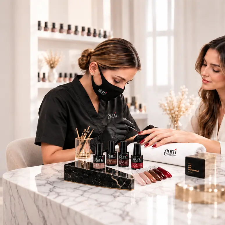 Manicurista en cabina trabajando con esmaltes semipermanentes Gurú Nails Pro